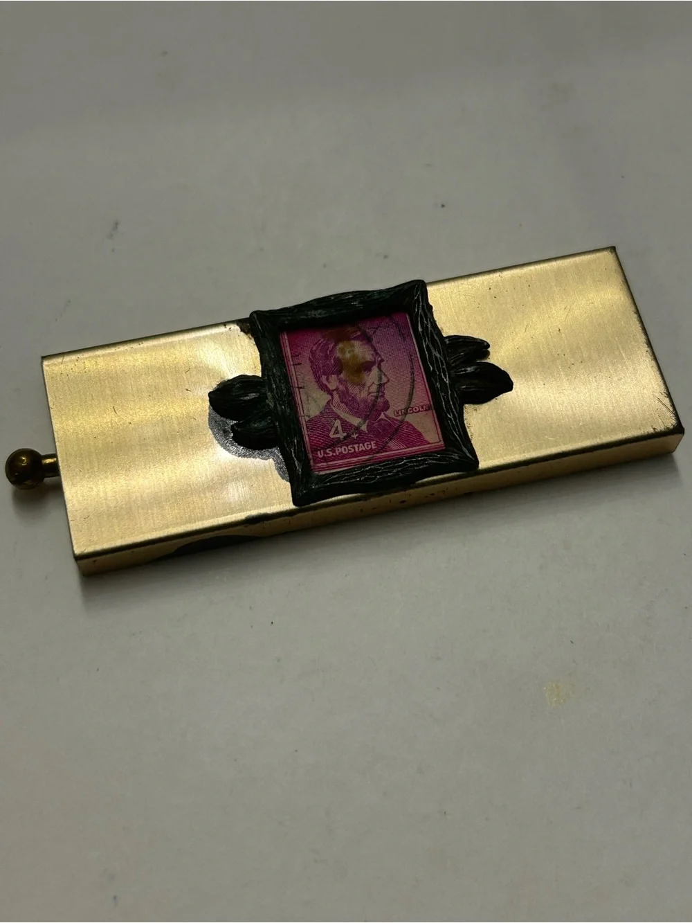 Vintage Lincoln Stamp Holder Trinket Box Gold Tone